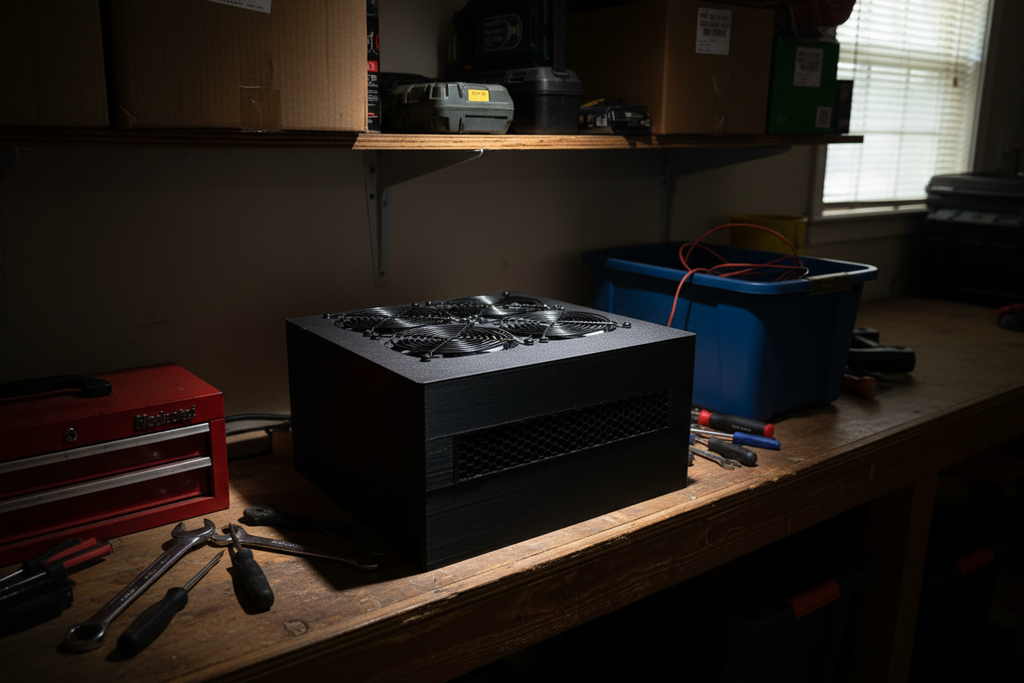 Matte black miner prominent in garage