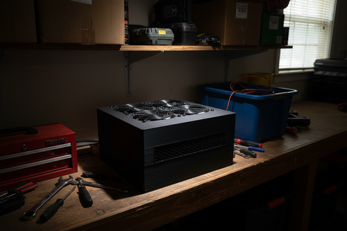 Matte black miner prominent in garage